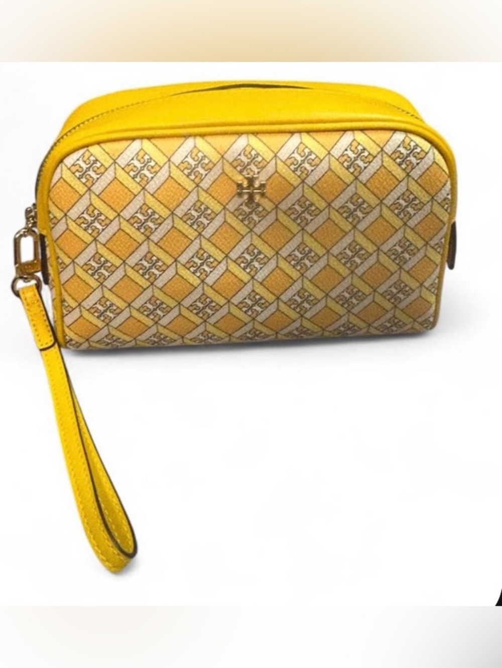 NWOT Tory Burch Yellow Patterned Logo Wristlet Clutch